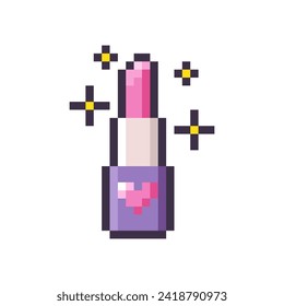 Pink lipstick isolated on white background. Makeup product icon. Cute lip balm with heart. Vector pixel art illustration in 8-bit old style.