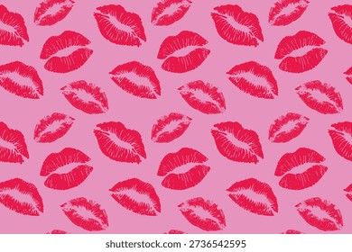 Pink lipstick kiss pattern with red lip prints on soft background. Seamless romantic texture for fashion, beauty, or Valentine designs. Playful love themed background isolated.