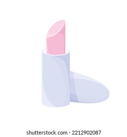 Pink lipstick. Light purple container. Cosmetic. Beauty. Makeup. For women. Isolated on a white. Vector texture.