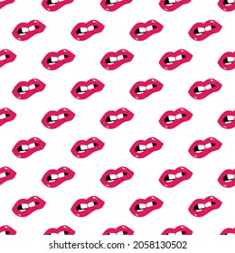Pink lipstick on female lips vector seamless pattern background for beauty and make up design.
