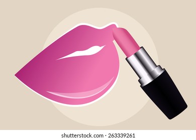 Pink Lipstick. Pomade and pink lips in white circle on beige background. Vector. Retro style. Pink pomade in black-silver case.