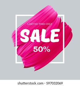 Pink lipstick sale in frame isolated on white background. Vector abstract pink paint brush art sale banner for shop in social media.