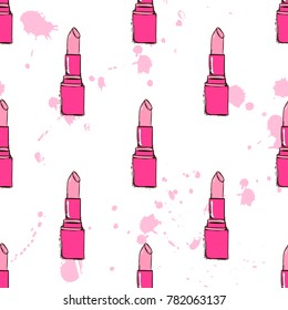 Pink Lipstick Seamless Pattern. Lipstick in cartoon style with splashed ink in watercolor style, hand drawing sketch, seamless pattern design on white background