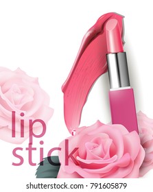 Pink lipstick and Smears lipstick with delicate pink roses on white background. Cosmetics commercial, beautiful style. Exquisite smear, glamorous magazine, beauty concept. Realistic mockup, vector.