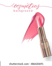 Pink lipstick and Smears lipstick on white background. Beauty and cosmetics background. Use for advertising flyer, banner, leaflet. Template Vector.