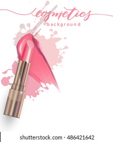 Pink lipstick and Smears lipstick on white background. Beauty and cosmetics background. Use for advertising flyer, banner, leaflet. Template Vector.