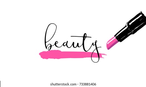 Pink lipstick with a trace on a white background with the calligraphy beauty inscription. Makeup Studio logo design template. Vector logo layout