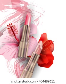 Pink lipstick and pink tropical flowers Hibiscus. Beauty and cosmetics background. Use for advertising flyer, banner, leaflet. Template Vector.