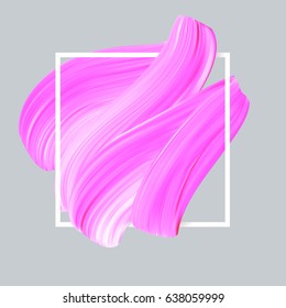 Pink lipstick vector smear in white frame. Paint brush feminine promo banner, girly texture, women logo template