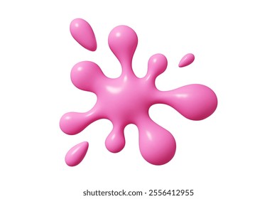 Pink liquid blob shape with 3d vector abstract splat design. Glossy paint spill featuring rounded edges and droplets creates dynamic splash effect. Modern decorative element for creative projects.