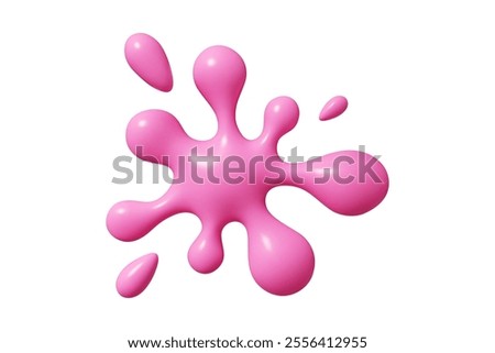 Pink liquid blob shape with 3d vector abstract splat design. Glossy paint spill featuring rounded edges and droplets creates dynamic splash effect. Modern decorative element for creative projects.
