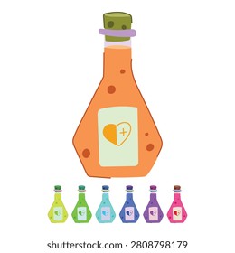 Pink liquid in a corked flask featuring a label with a heart and plus sign, representing medical healing, magical elixirs, and vitality in games or fantasy