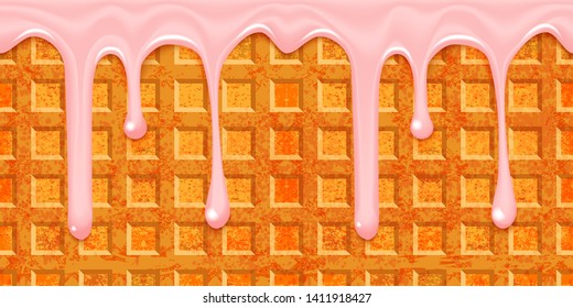 Pink liquid cream with waffle horizontal seamless background. Repeating wave of glaze on the cake. Vector illustration.