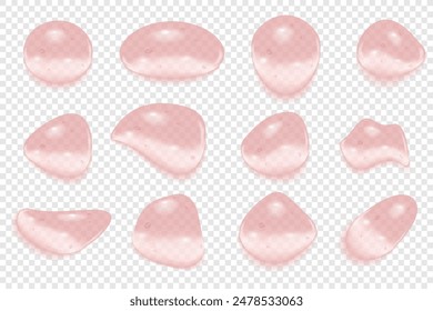 Pink Liquid gel, serum drops with micro bubbles, essence droplets.  Cosmetic product for skin care. Realistic vector illustration on transparent background.