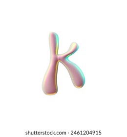 Pink liquid holographic 3D letter K . Y2K style vector font with a glossy metallic finish, pink color, ideal for web and print design. Liquid holographic effect on isolated background.