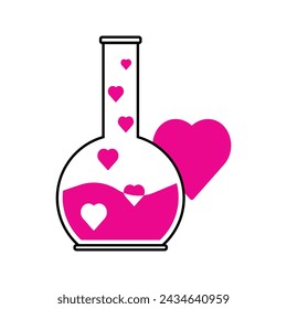 Pink liquid in the laboratory bottle with heart shape bubble, love potion icon vector