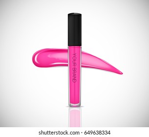 Pink Liquid lipstick, Lip gloss in elegant glass bottle with black lid, closed and open container with brush, isolated . Make up smear.