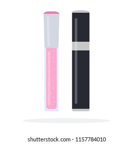 Pink liquid lipstick and mascara vector flat material design isolated on white