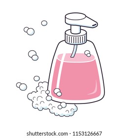 Pink liquid soap or shampoo bottle with foam isolated