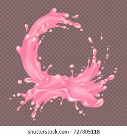 Pink liquid splash. Milky fruit liquid frame. Vector illustration for advertising or packaging of dairy products.