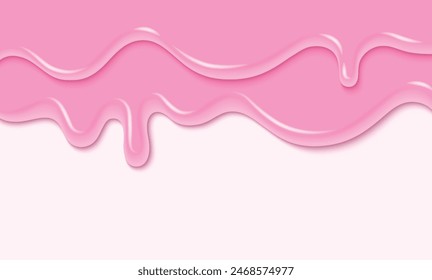 Pink liquid substance border isolated on white background. Vector realistic illustration of melting ice cream, 3d color paint splash, sweet icing drops flowing down dessert cake, nail polish texture