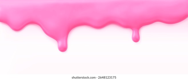 Pink liquid texture strawberry topping or dripping glaze isolated on white background. Render of realistic melting raspberry ice cream border, yogurt, slime, nail polish, or cake icing. 3D vector