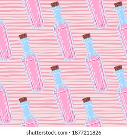 Pink liquids in blue bottle seamless pattern. Striped pink backround. Antidote magic backdrop. Designed for fabric design, textile print, wrapping, cover. Vector illustration