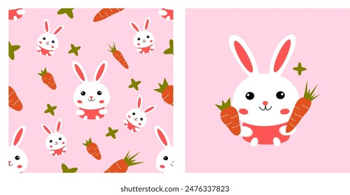 Pink little bunny holding a carrot and rabbit and carrot joint frame background