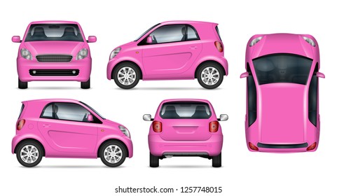 Pink little car vector mockup on white for vehicle branding, corporate identity. View from side, front, back, and top. All elements in the groups on separate layers for easy editing and recolor