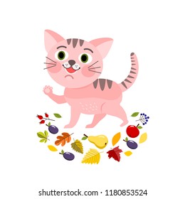 Pink little cat with autumn leavess and fruits, Autumn greeting card, vector illustration