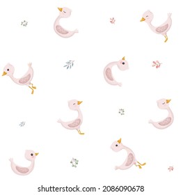 Pink little duck. Sweet duckling in a pattern on white background. Cute vector illustration in simple hand-drawn cartoon style. Cute cartoon little goose. Character bird with texture.
