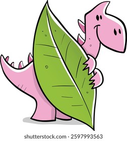 pink little friendly dinosaur hiding behind leaf