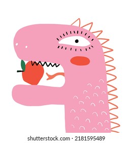 Pink Little Monster with Red Apple. Cute Abstract Nursery Vector Illustration with Sweet Hand Drawn Dragon Isolated on a White Background. Simple Print with Funny Dinosaur ideal for Card, Wall Art.