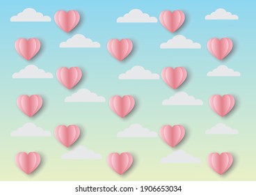 
Pink little paper hearts and clouds floating in the sky