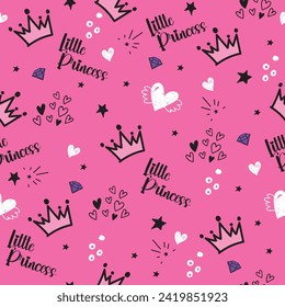 Pink little princess pattern vector. Girl baby background for template birthday card, baby shower invitation, kids wallpaper and fabric. Sweet print with stars, crowns, diamond and hearts.