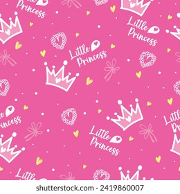 Pink little princess pattern vector. Girl baby background for template birthday card, baby shower invitation, kids wallpaper and fabric. Sweet print with crowns, bows and hearts.