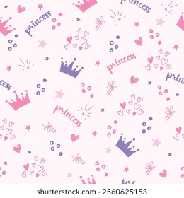 Pink little princess pattern vector. Girl baby background for template birthday card, baby shower invitation, kids wallpaper and fabric. Sweet print with crowns, bows and hearts.