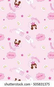 Pink little princess pattern vector. Sweet girl background for template birthday card, baby shower invitation, girls wallpaper and fabric. Print with stars, crowns and cloud.