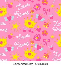 Pink Little Princess Pattern Vector. Sweet Baby Background For Template Birthday Card, Baby Shower Invitation, Kids Wallpaper And Fabric. Girl Print With Stars, Crowns, Bows And Hearts.