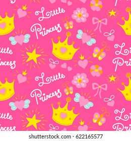 Pink Little Princess Pattern Vector. Girl Baby Background For Template Birthday Card, Baby Shower Invitation, Kids Wallpaper And Fabric. Sweet Print With Stars, Crowns, Bows And Hearts.