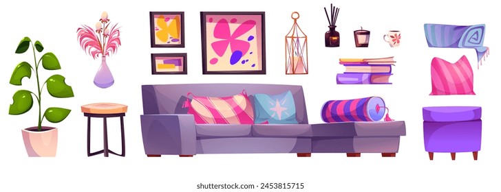 Muebles de sala de estar rosa para el Vector de diseño de interiores del hogar. Moderno salón con sofá, sillón, lámpara, mesa redonda, cuadro escandinavo y flor en jarrón. Conjunto de Clipart interior de sala de estar