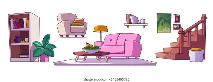 Pink living room house inside interior design and furniture with staircase cartoon illustration. Modern apartment with table, carpet and lamp for cozy lobby decoration. Simple wooden stair stand