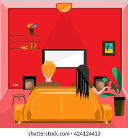 pink living room, with sofa in the middle, with people watching TV