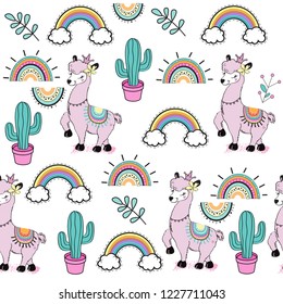 Pink llama fashion Patch Badges with girl pink items. Pop art elements on a white background seamless pattern