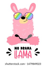 Pink llama with glasses isolated on white background. Lettering no drama llama. Cartoon alpaca in hand drawn style for children's and kids books, print, poster, stickers, fabric.
