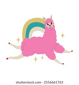 Pink llama happily jumping on a rainbow. Traditional South American decor elements. Cute characters for children's t-shirts and posters. Vector illustration isolated on a transparent background.