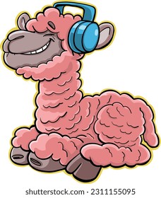 pink llama is listening to good music on headphones