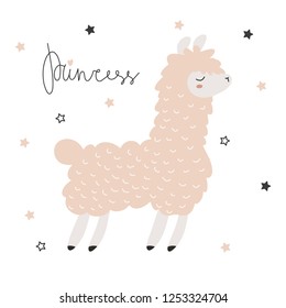 Pink llama, little Princess. Vector illustration for printing on postcards, children's clothes, dishes, bed linen, fabric. Cute baby background for girls.