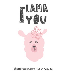 Pink llama on a white background with a caption I lama you in the Scandinavian style