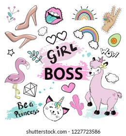Pink llama set fashion Patch Badges with girl pink items. Pop art elements on a white background